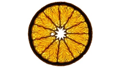 A backlit, translucent slice of a vibrant orange fruit, showcasing its intricate internal segments and star-shaped core.
