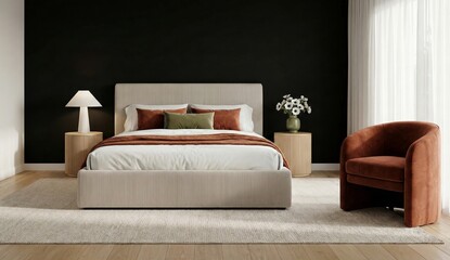 Modern minimalist bedroom interior with clean lines, neutral colors, and soft lighting, creating a calm and stylish sleeping space.