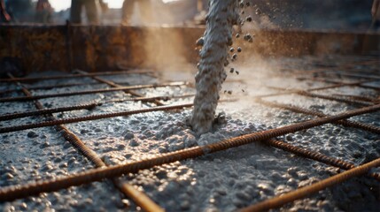 Pouring concrete at a construction site during daylight with workers around preparing for a building project