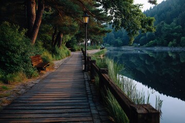 Morning walk on wooden boardwalk by lake lifestyle stock images