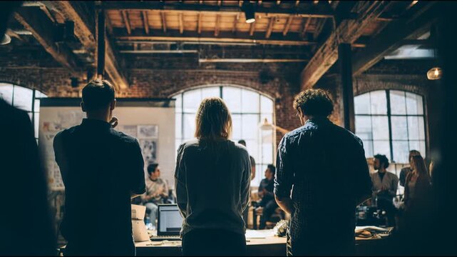 Creative team presenting ideas to group during collaborative office meeting