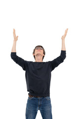Fototapeta premium Young man with glasses in casual clothes raising arms and looking upward, isolated against white background. Concept of success, joy, or hope