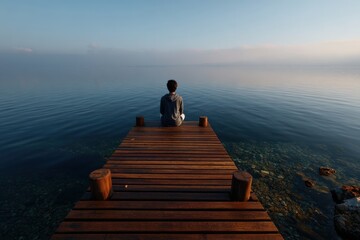 Person sitting on dock admiring calm water with haze