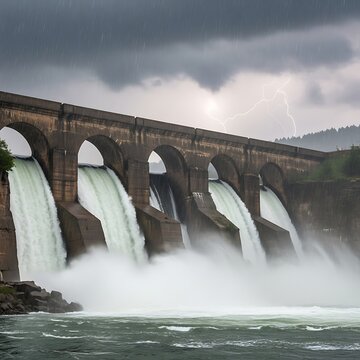 a large concrete dam with multiple arched spillways, water cascading down the spillways, dramatic cloudy sky in the background, moody and atmospheric landscape, high contrast black and white image, ci