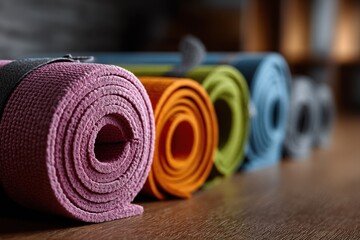 Rolledup yoga mats in soft tones for class prep