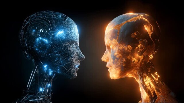 Two AI humanoid faces confronting, symbol of duality and intelligence