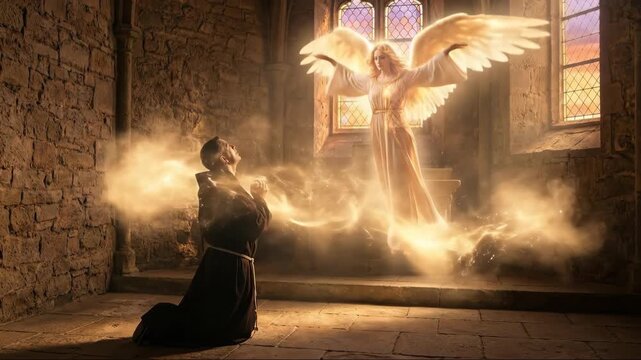 Monk kneels in prayer as a light beam radiates from a glowing angel in a monastery setting, divine encounter and spiritual guidance