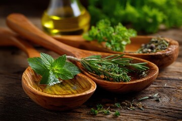 Herbs and oils in natural wood spoons stock photo
