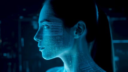 Blue digital human face profile with glowing data patterns against dark technological background - Powered by Adobe