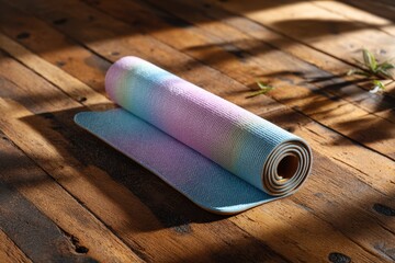 Pastelthemed yoga mat on wooden floor with soft light
