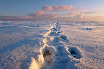 Soft snow footprints under pastel sky lifestyle travel stock images