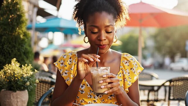 Young African American Woman Enjoying Iced Coffee at Outdoor Cafe on Sunny Day