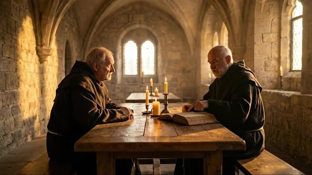 Two old men monk having a conversation at a wooden table with book and candles in a stone monastic hall