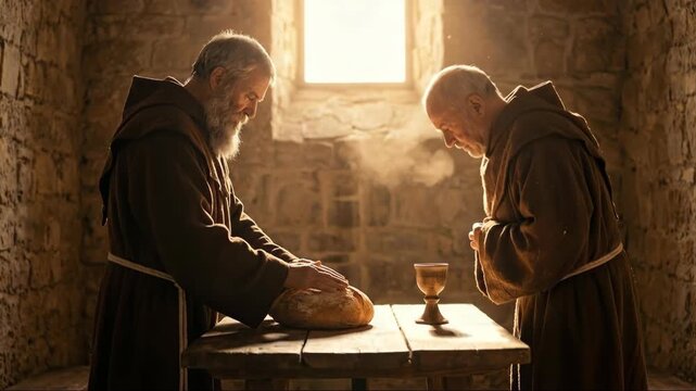 Two old men monks praying and performing ritual over bread and goblet in monastery cell. Religious ceremony concept.