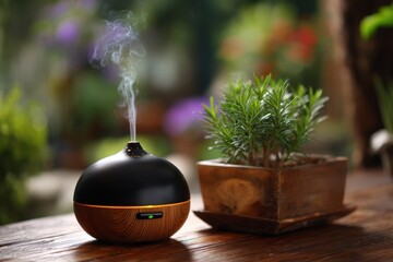Modern essential oil diffuser on bamboo table with vapor
