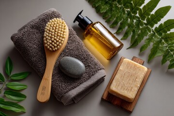 Ecofriendly beauty tools flat lay with towel and soap