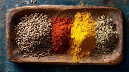 Overhead view of a spice board with cumin seeds coriander turmeric and chili powder arranged with vibrant colors and bright natural light