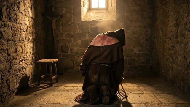 Monk kneeling in a dark monastery cell performing penance with a whip or flagellum in sequence