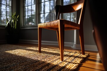 Morning sunlight through window on rug and chair stock photos