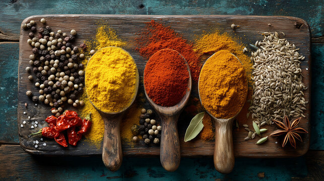 Overhead view of a spice board with cumin seeds coriander turmeric and chili powder arranged with vibrant colors and bright natural light