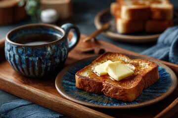 Cozy breakfast setting warm toast on plate with butter