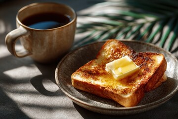 Cozy breakfast setting warm toast on plate with butter