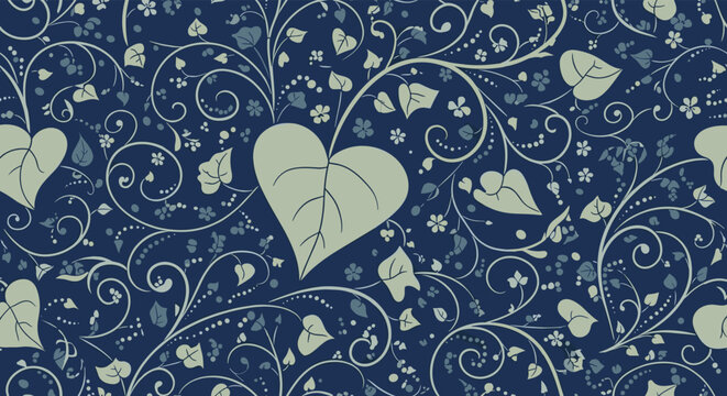 Elegant seamless floral pattern featuring stylized heart-shaped leaves, swirling vines, and tiny flowers on a deep navy blue background.