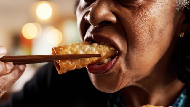 Woman Bites Into Spring Roll With Chopsticks