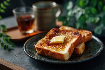 Cozy breakfast setting warm toast on plate with butter