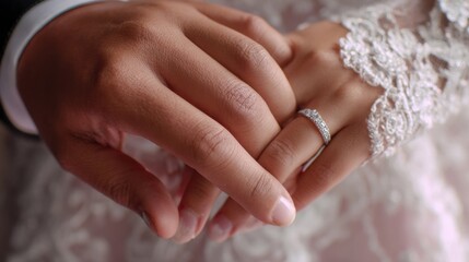 Closeup of the grooms hand tenderly holding the brides, a touching display of his promise to support, cherish, and protect her for the rest of their lives.