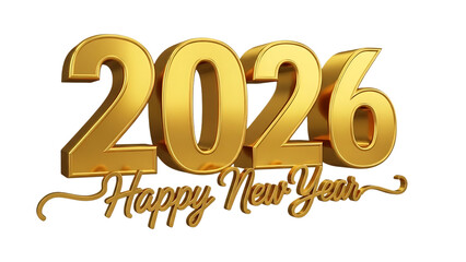 Shiny gold 2026 happy new year text in 3d isolated on transparent background