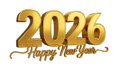 Shiny gold 2026 happy new year text in 3d isolated on transparent background