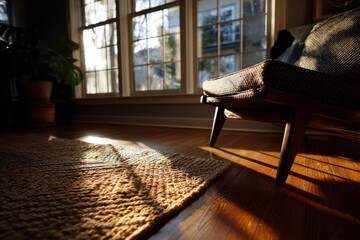 Morning sunlight through window on rug and chair stock photos