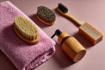 Ecofriendly beauty tools flat lay with towel and soap