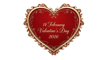 Red heart with gold trim and valentines day text on transparent background
