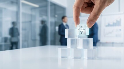 Hand stacking transparent cubes with a glowing lightbulb on top in a bright office idea innovation