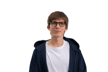 Casual man wearing glasses and a hoodie, isolated on white background, closeup style, ideal for template, layout, or transparent PNG cutout concept
