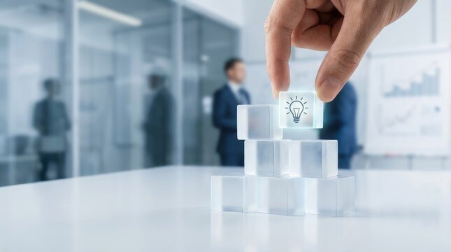 Hand stacking transparent cubes with a glowing lightbulb on top in a bright office idea innovation - Powered by Adobe