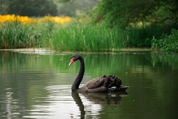 Black swan swimming in a calm lake surrounded by lush green reeds and yellow wildflowers serene natu