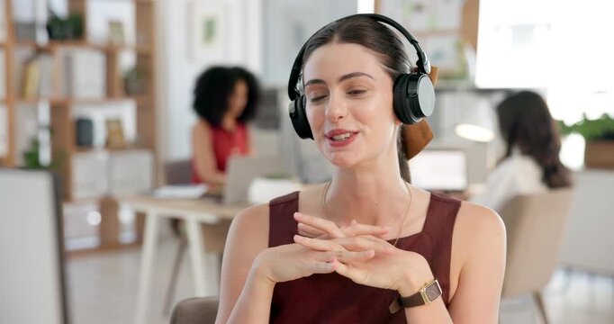 Happy woman, headphones or wave with video call for virtual meeting or discussion in office. Female person, financial advisor or talking with computer for customer service or online chat in workplace