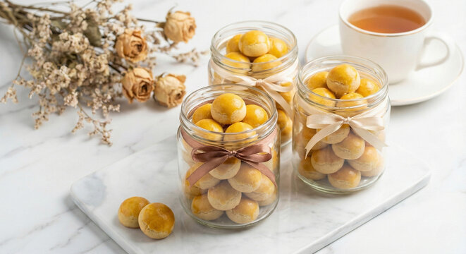 Aesthetic Glass Jars of Traditional Eid Mubarak Cookies on White Marble Table