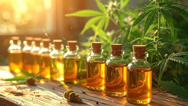 Close Up of Glass Bottles with Amber Liquid on Wooden Surface with Green Leaves and Natural Light