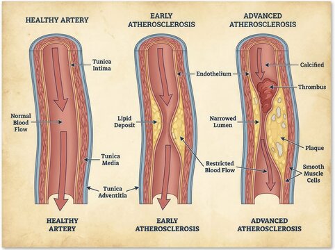Medical illustration comparing a healthy artery to arteries with early and advanced atherosclerosis image
