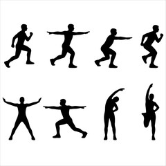 Vector set of eight black silhouettes showing running, lunging, squatting, stretching, balancing, and warm-up poses for fitness