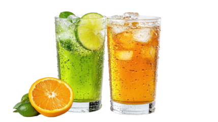 Glass of lemon lime soda next to orange soda glass with dynamic bubbles on transparent background