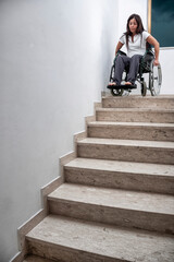 Woman in Wheelchair Facing Architectural Barrier on Staircase