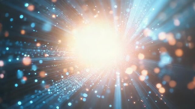 Digital data stream exploding from bright light source