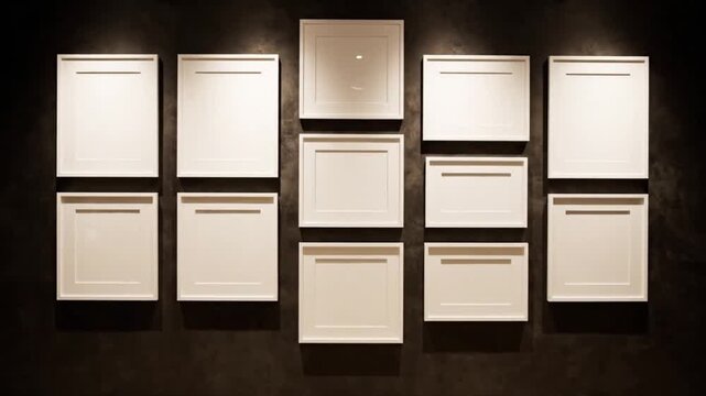 Arranged Frames on Wall: An elegant grid of empty picture frames, meticulously arranged on a sophisticated wall, awaits the addition of art or photographs, inviting creativity.