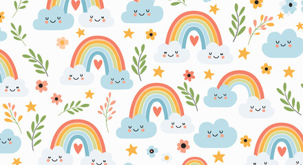 Fototapeta premium Cute seamless pattern with colorful rainbows, happy clouds, hearts, stars, and botanical elements on a light background, ideal for kids' designs.