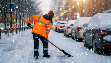 Worker in orange jacket shoveling snow on a city street during a snowfall.